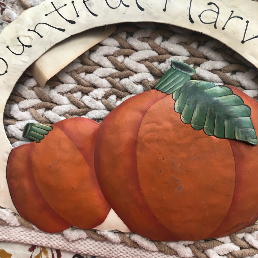 Hand-Painted Metal Hanging Orange Pumpkin Trio Wall Art with Green Stems